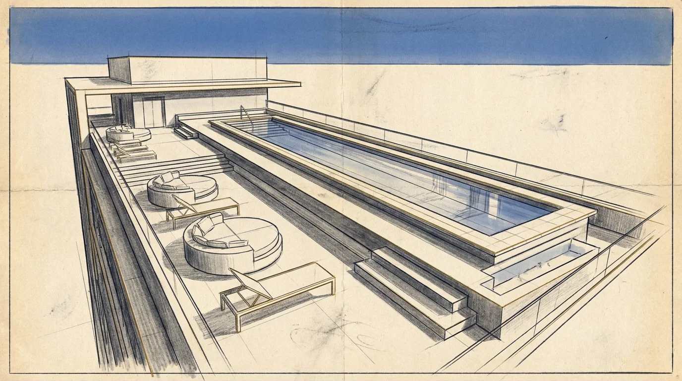 Illustrative rooftop clubhouse terrace with pool — Gaurs Studio Bento clubhouse concept, Ledger illustration plate