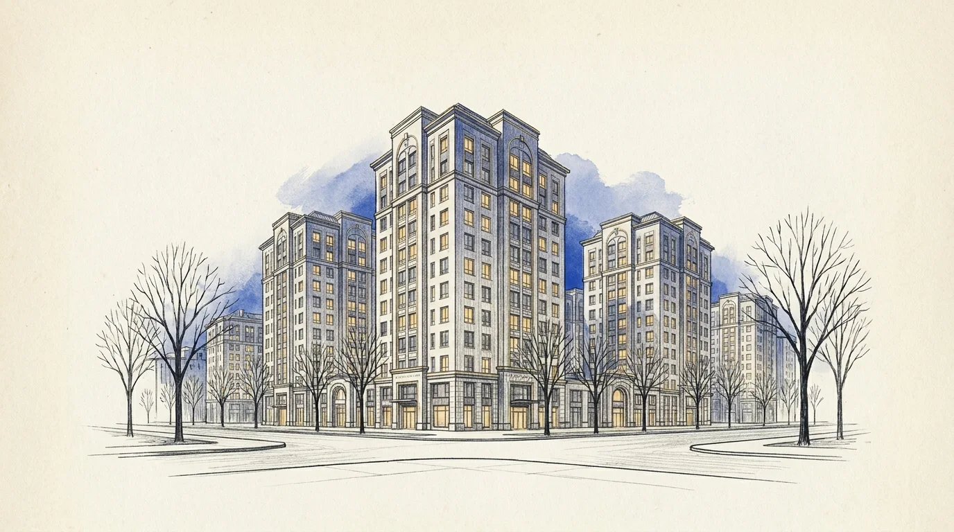Hand-drawn watercolour elevation of a township street of mid-rise residential blocks with lit windows — Ledger illustration plate, not a photograph or a project render
